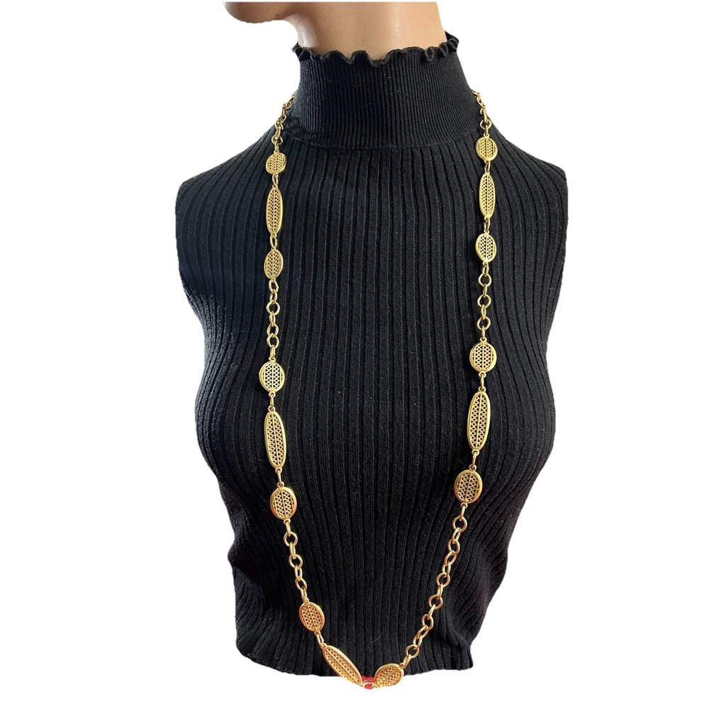 Vintage Crown Trifari Gold Tone Openwork Lattice‎ Link Necklace 40" Cottagecore